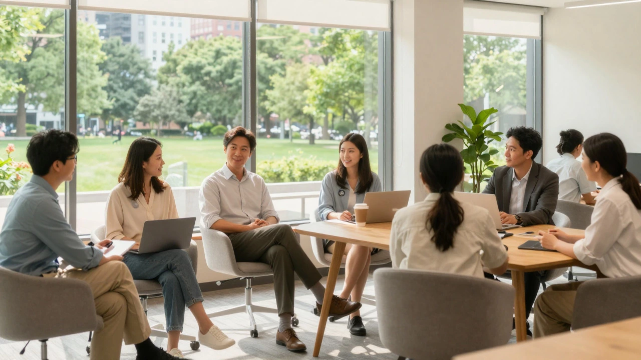 Diverse team collaborating in a bright, open-plan office with views of a city park
