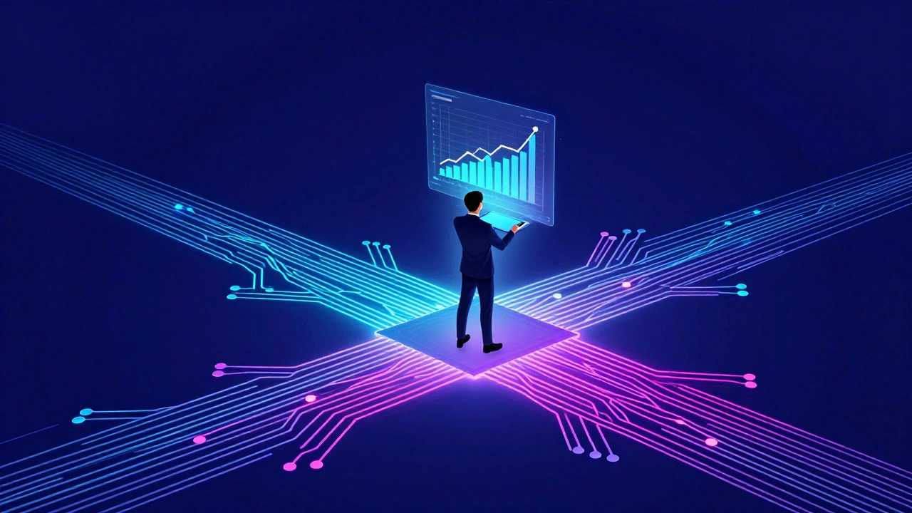 Futuristic digital art of a person at a crossroads of glowing data streams and circuits