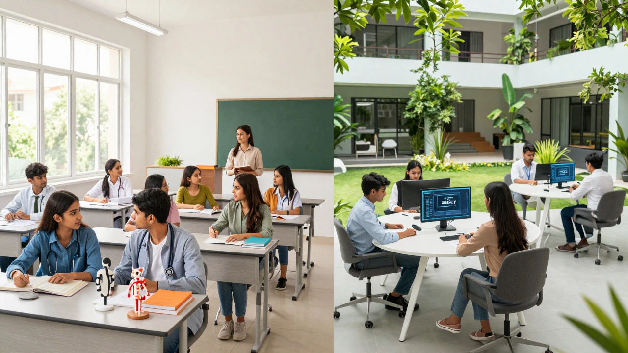 Split view comparing a sunny Delhi classroom with a modern Hyderabad study space.