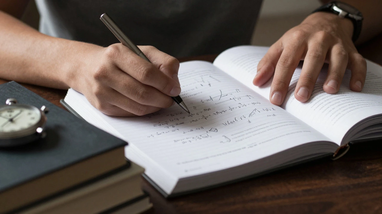 Student's hands solving math problems with a pen and notebook
