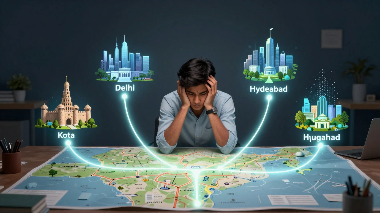 Student contemplating a glowing map of India showing various NEET coaching hubs.