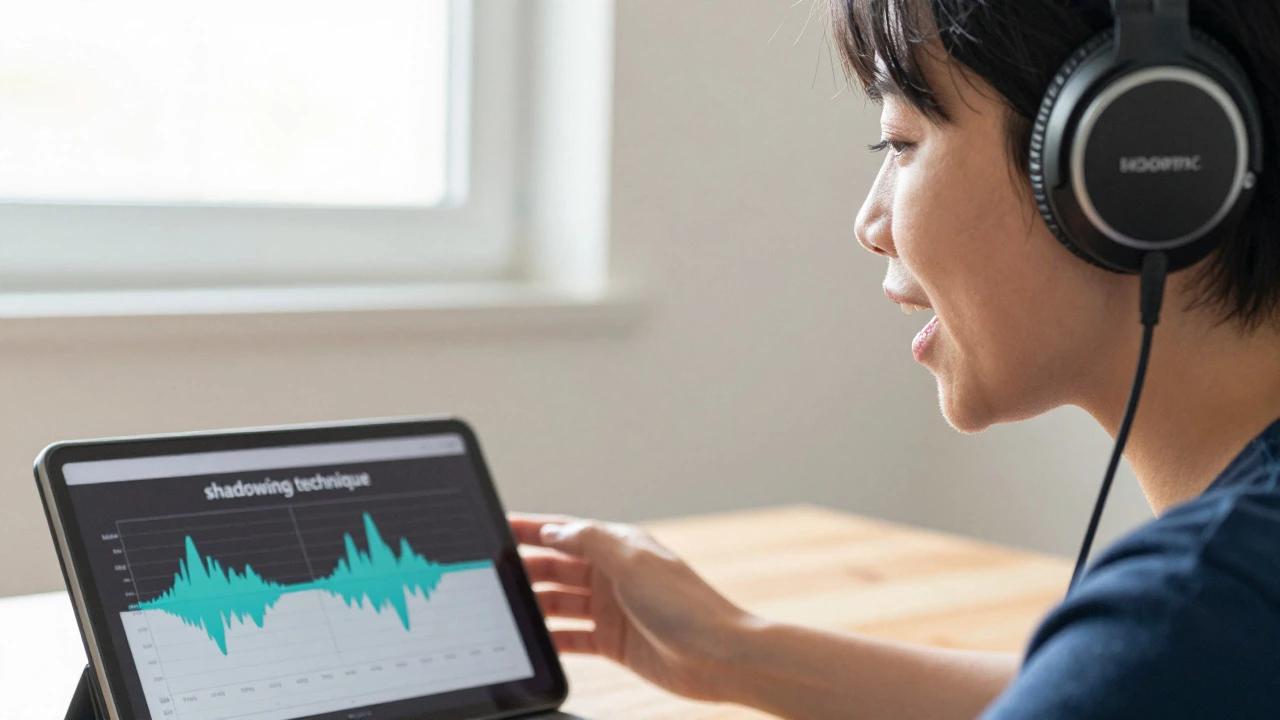 Woman practicing shadowing technique with headphones and tablet