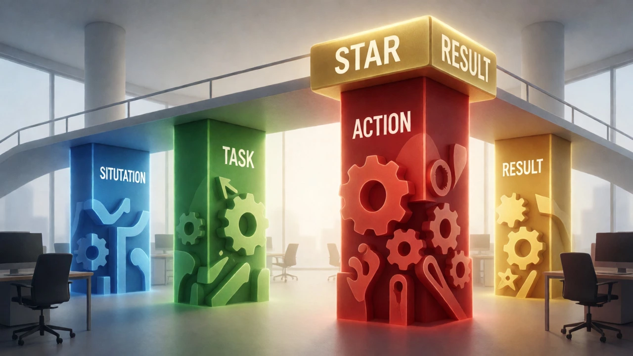 Conceptual visualization of the STAR method as four structural pillars supporting a professional pathway.