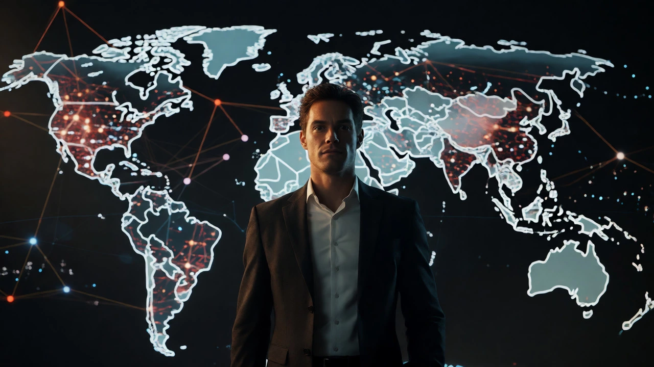 Confident business leader standing before a glowing global network map projection.