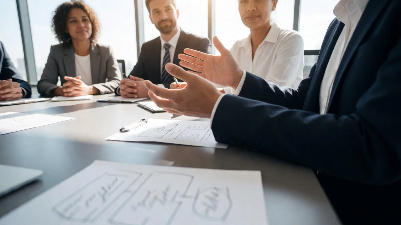 Confident professional explaining ideas to colleagues during a collaborative meeting in a bright office.
