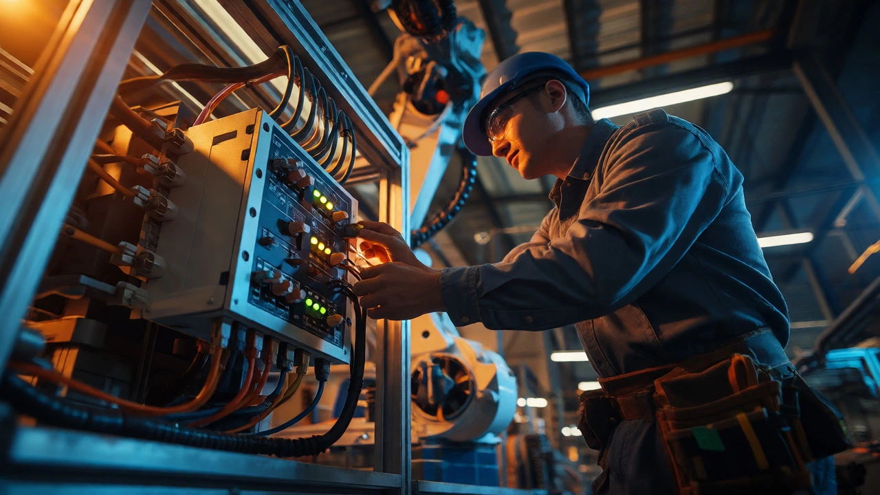 Electrician repairing factory automation controls at night