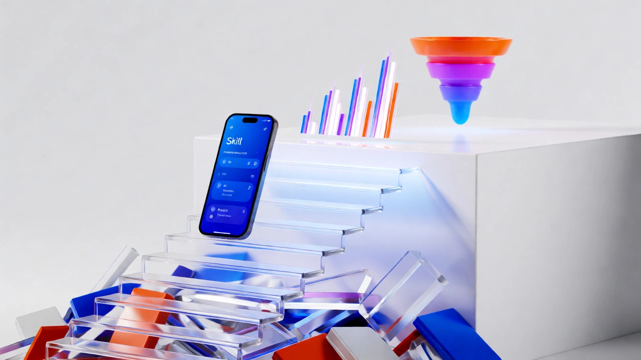 Glowing glass staircase with floating tech projects and data visuals