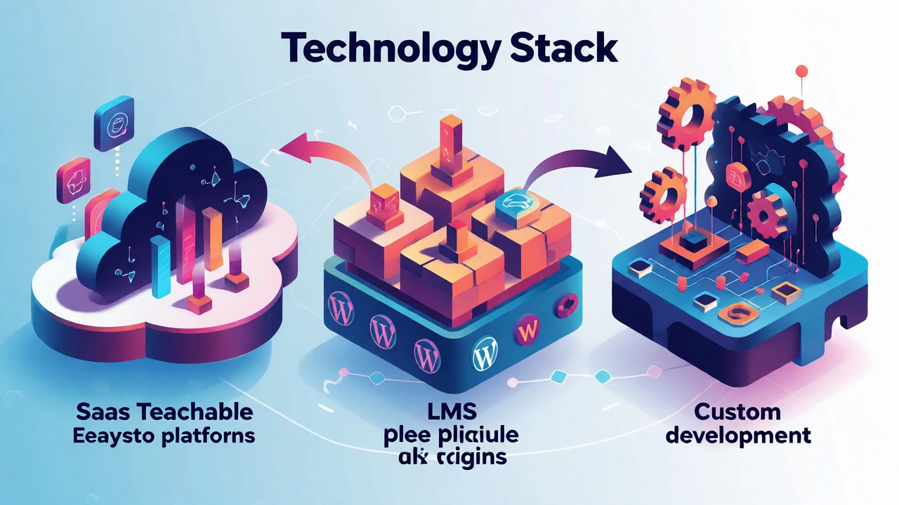 Isometric 3D illustration comparing SaaS, plugin, and custom tech stacks