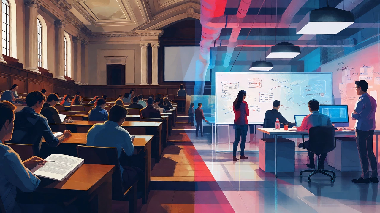 Split scene comparing a traditional lecture hall debate with a modern tech innovation lab.
