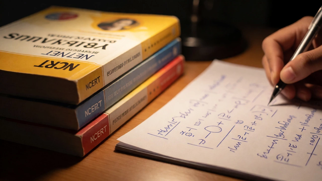 Student studying NCERT physics books for entrance exams