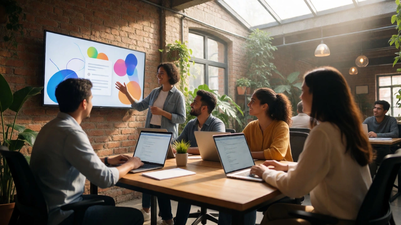 Team collaborating in modern co-working space discussing results