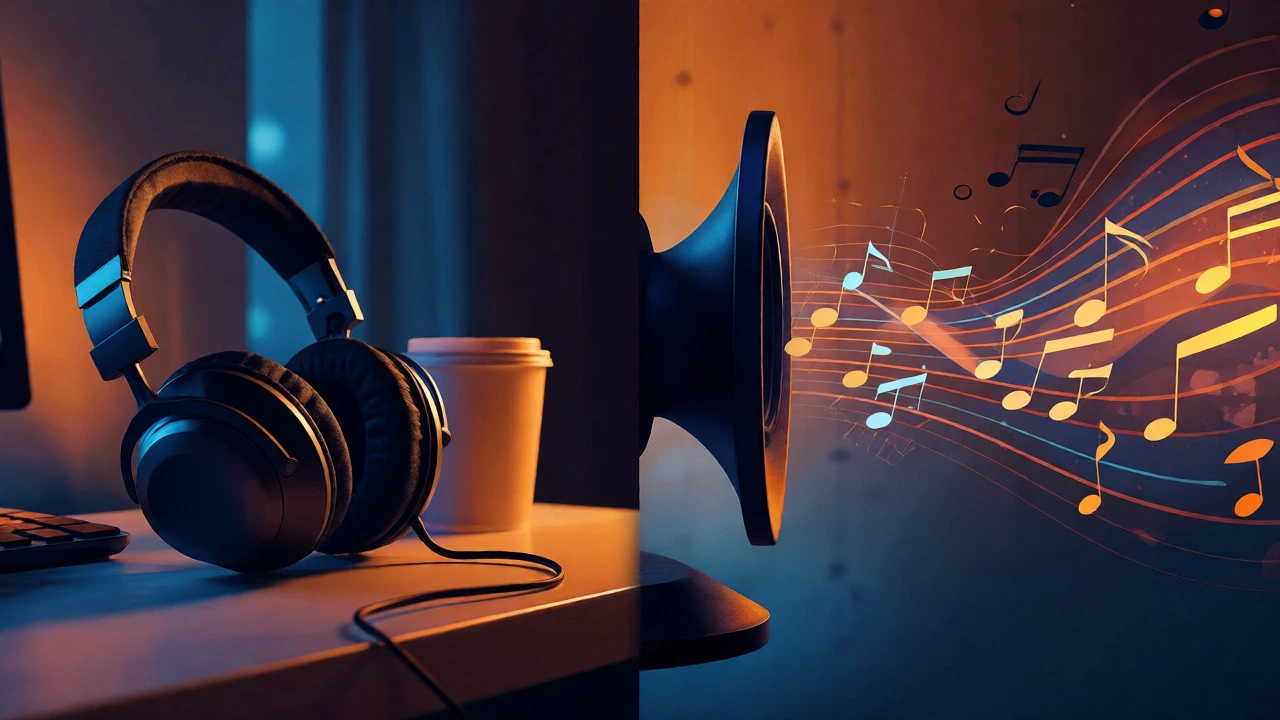 Abstract visualization of shadowing technique with sound waves and headphones