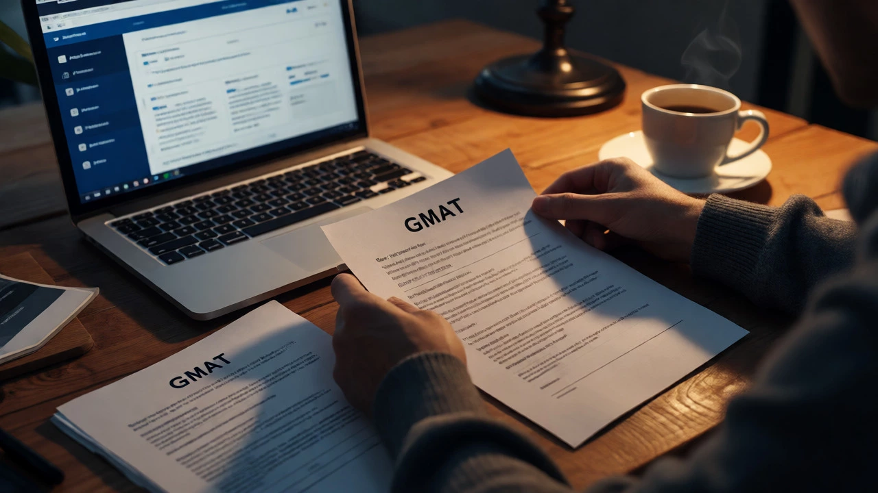 Close-up of MBA application documents, GMAT scores, and essays on a desk at night.