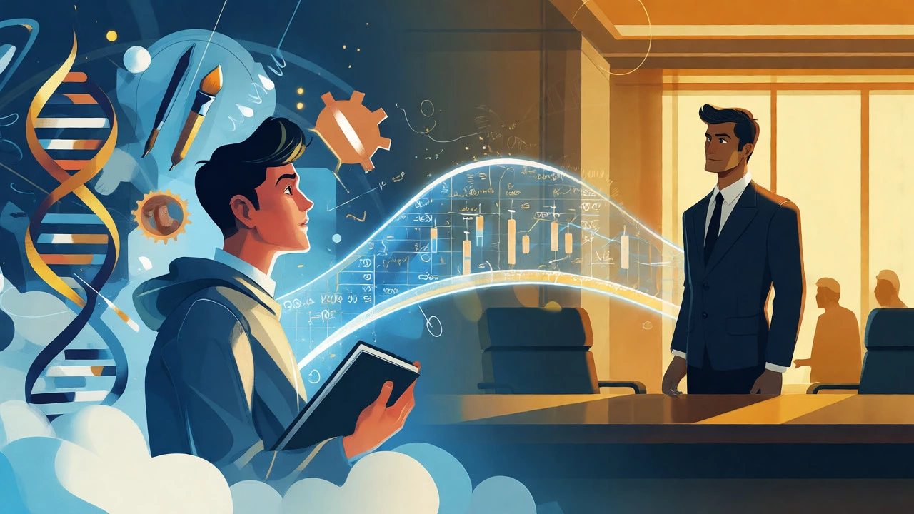 Conceptual art showing a bridge of math connecting a scientist to a business career path.