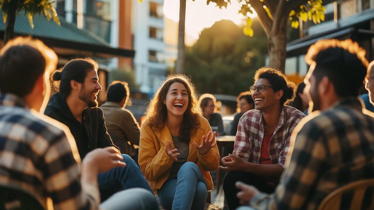 Diverse group having a casual English conversation at an outdoor cafe