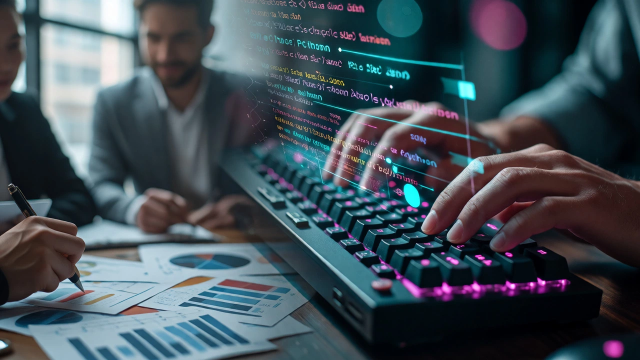 Double exposure of corporate meeting and coding hands symbolizing career pivot via skills.