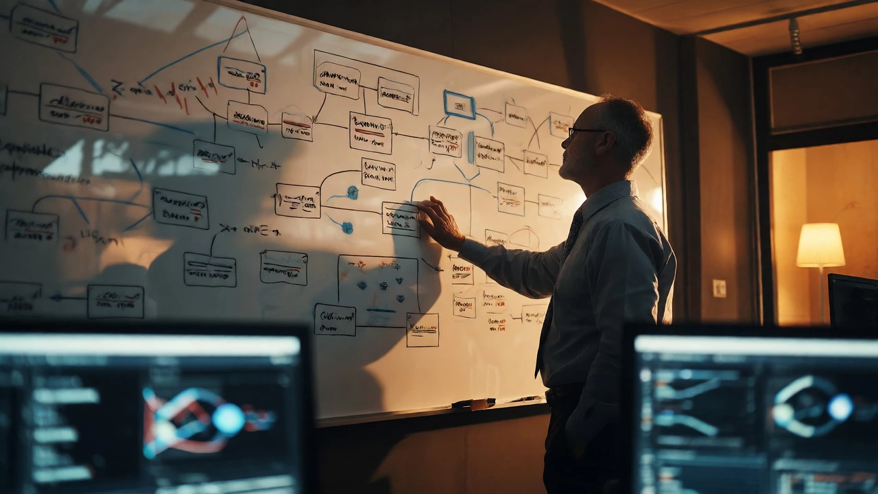Engineer analyzing complex system architecture diagrams on a whiteboard