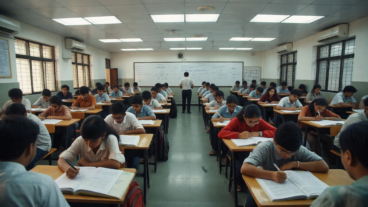 Students studying in a crowded Aakash classroom during a lecture